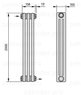Схема (чертеж) Радиатор Zehnder Charleston 3200/3 №1670 Белый глянцевый RAL 9016